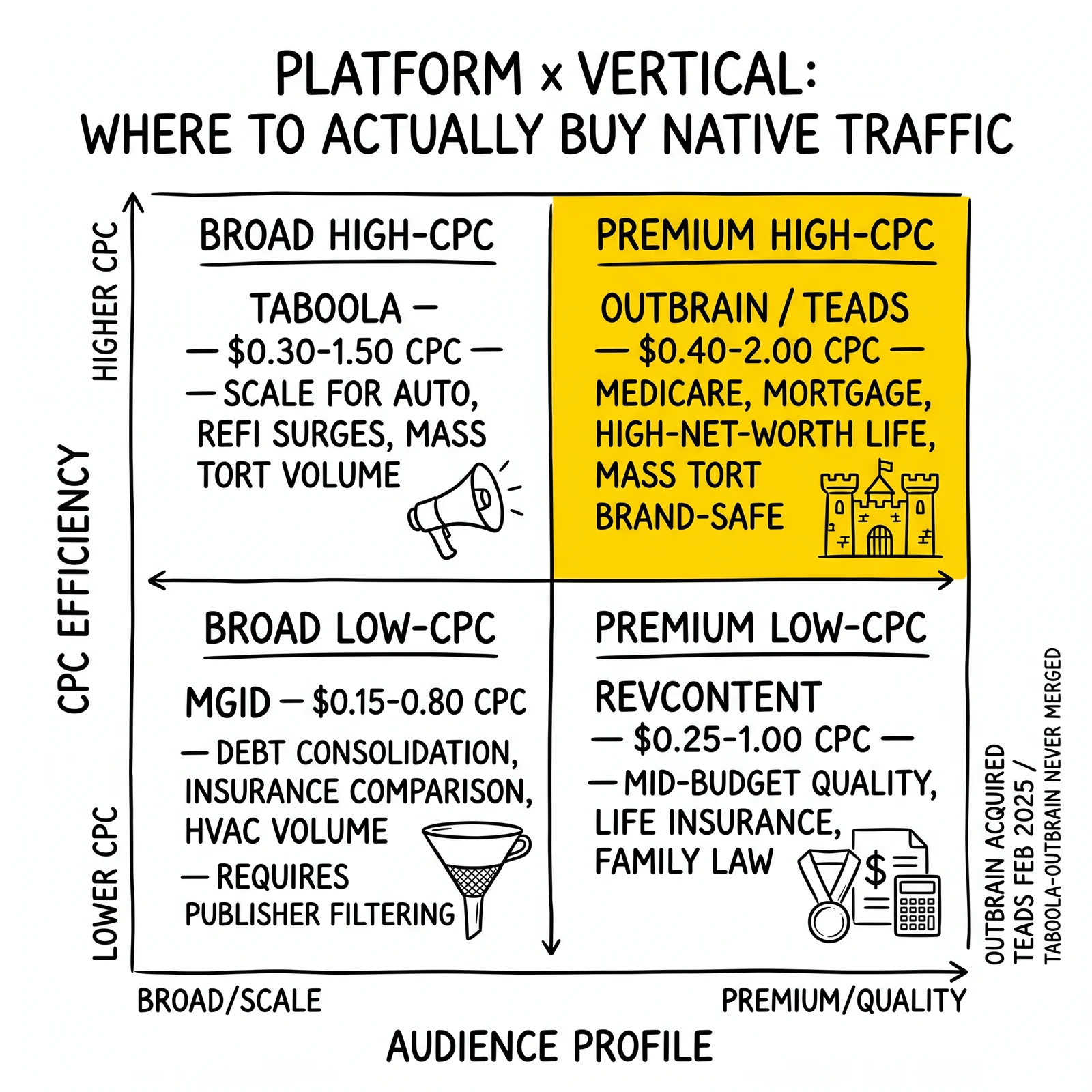 Two-by-two platform-vertical matrix: Outbrain/Teads premium, Taboola scale, MGID cost-efficient, Revcontent mid-budget quality. Outbrain quadrant highlighted.