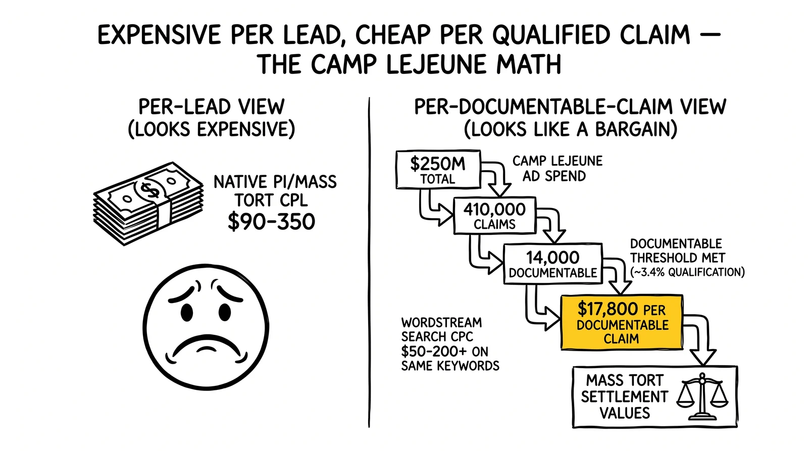 Two-panel mass tort math: $90-350 per-lead CPL looks expensive; $17,800 per documentable claim across 410K leads looks like a bargain. Qualified-claim block highlighted.