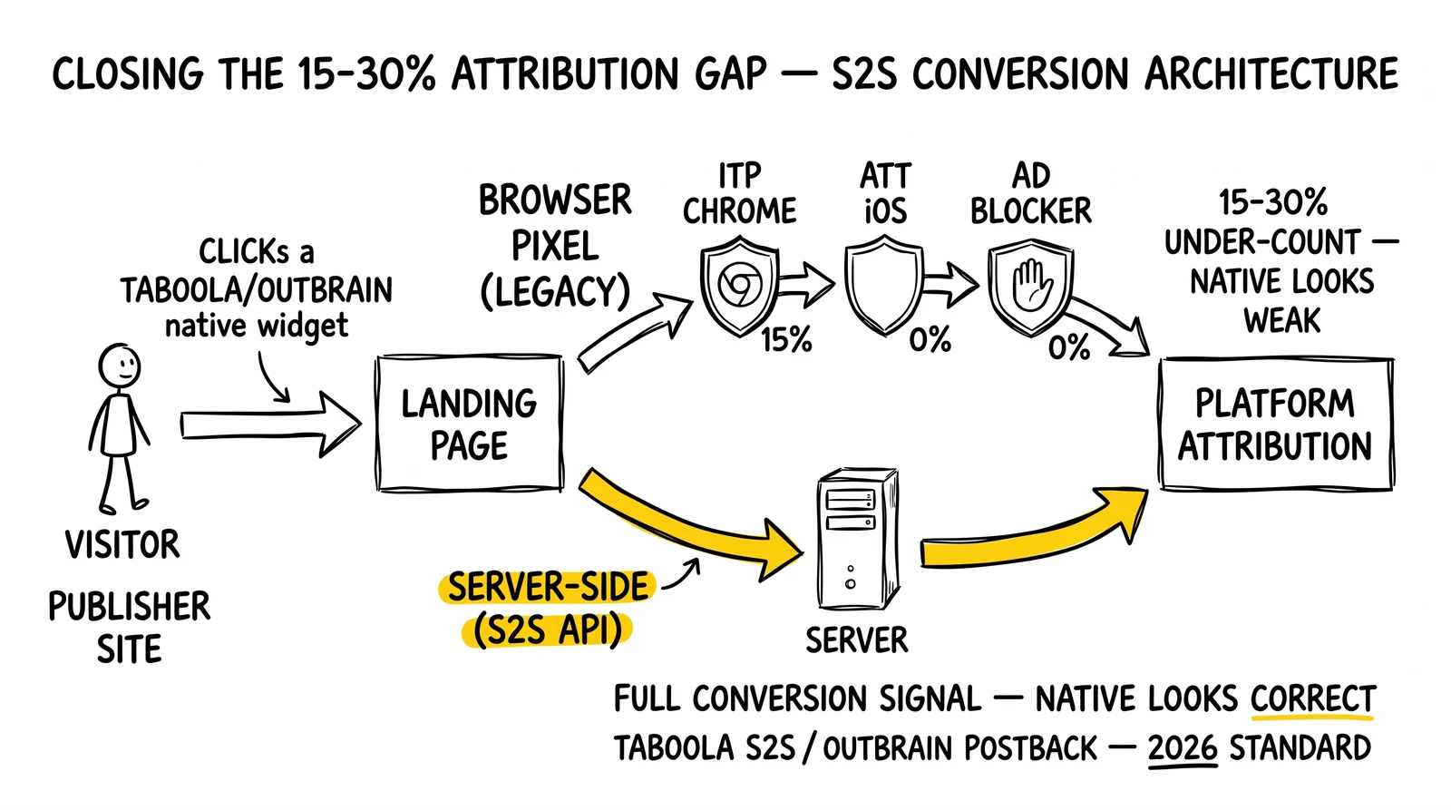 Two-path flow: browser pixel attribution blocked by ITP/ATT/ad-blockers vs server-side API arriving complete. S2S server-side path highlighted as 2026 standard.