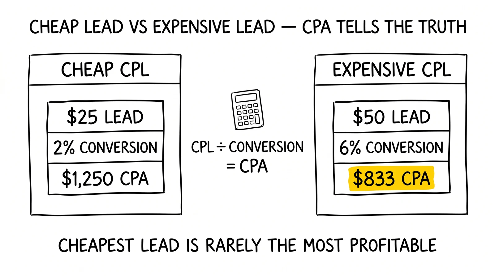 Two-panel CPL versus CPA comparison: $25 lead at 2% gives $1,250 CPA, $50 lead at 6% gives $833 CPA. Expensive-lead CPA highlighted.