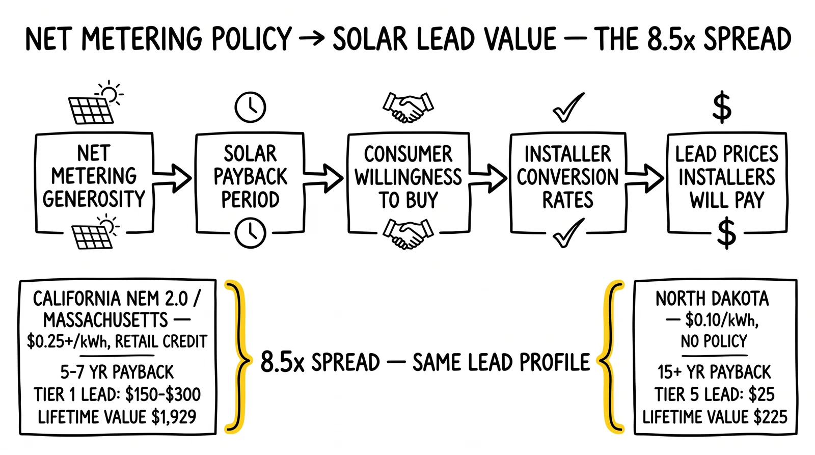 Five-stage causal chain from net metering generosity to lead price, with 8.5x spread bracket between California and North Dakota endpoints.