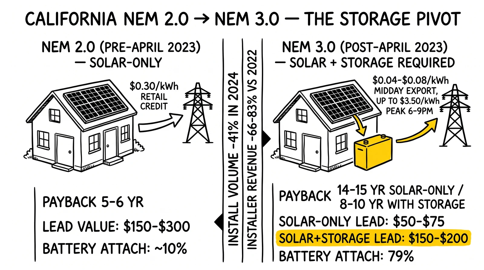 Two-panel California NEM 2.0 versus NEM 3.0 comparison: storage attachment surges to 79%, and solar-plus-storage leads recover 2-3x the value of solar-only leads.