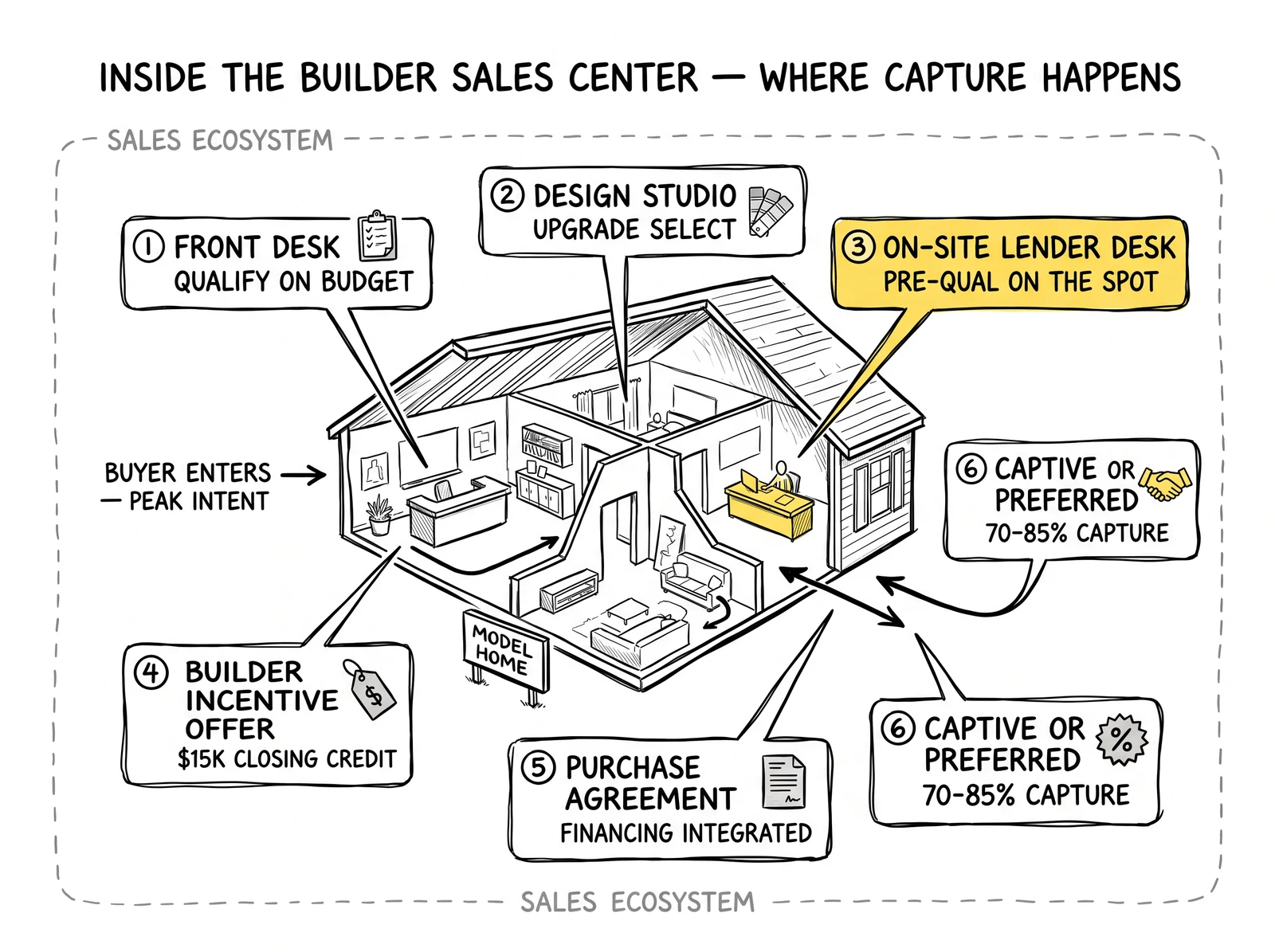 Anatomical cutaway of a builder sales center showing six buyer-journey touchpoints, with the on-site lender desk highlighted as the outside lender's wedge.