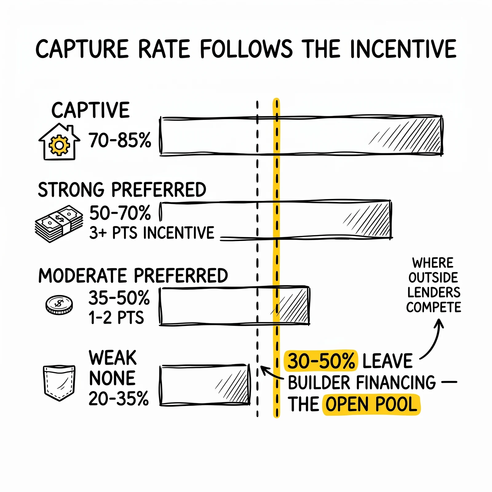 Capture-rate matrix across four builder program tiers, with the 30-50% pool of buyers who decline preferred financing highlighted as the outside-lender opportunity.