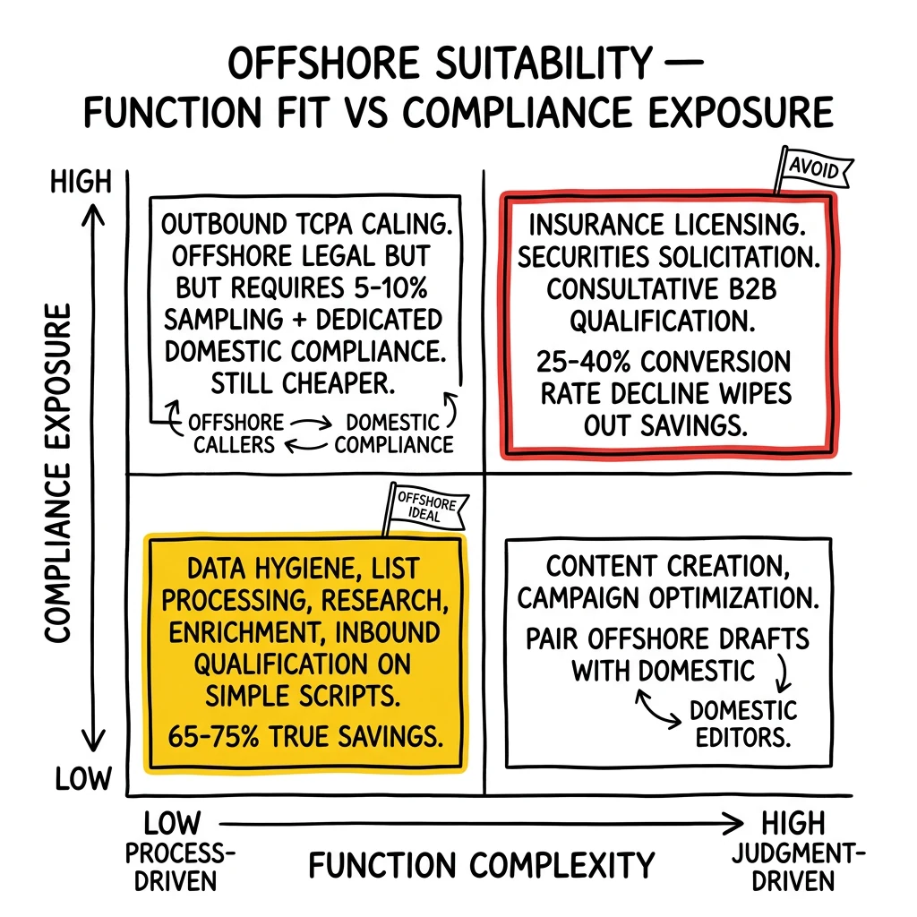 Two-by-two matrix mapping lead-gen functions by complexity and compliance exposure to four offshore-suitability quadrants. Low/low quadrant flagged as the only ideal offshore zone.