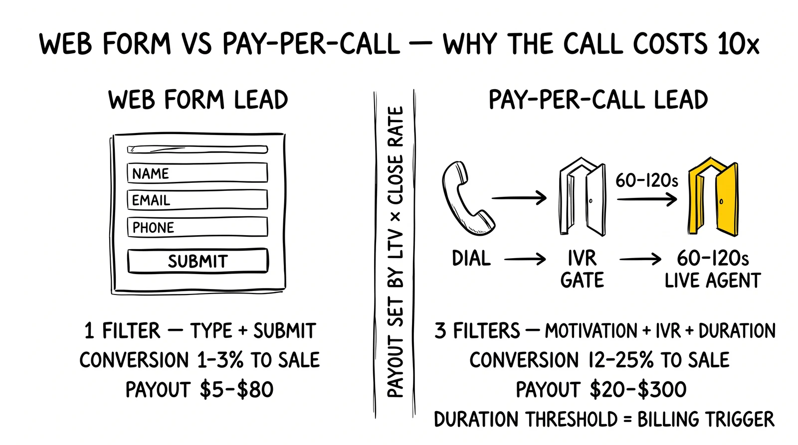 Web form vs pay-per-call lead comparison: 1 filter vs 3 filters, 1-3% vs 12-25% conversion, $5-80 vs $20-300 payout. Duration threshold gate highlighted as the contractual hinge.
