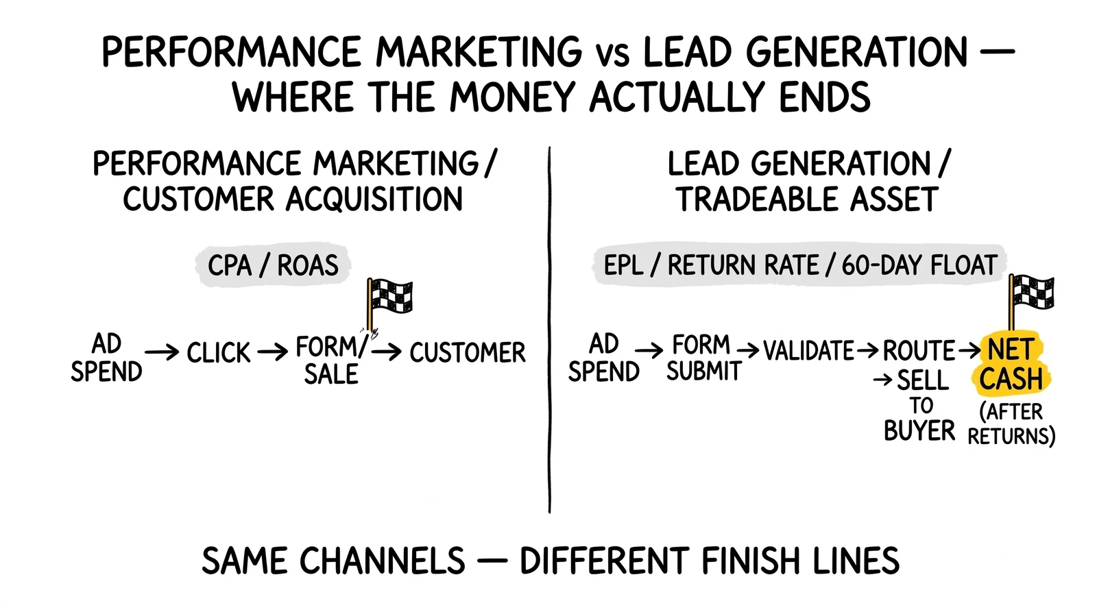 Side-by-side comparison of performance marketing ending at the sale versus lead generation ending at net cash after returns and the 60-day float.