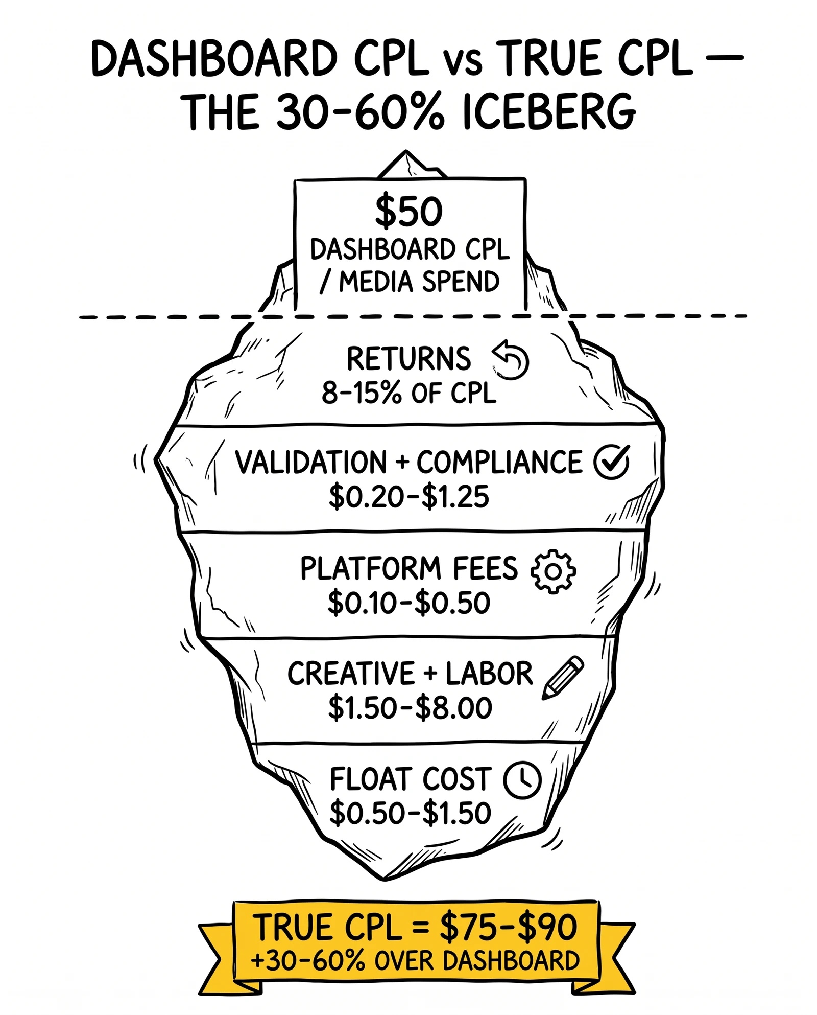 Hidden-cost iceberg showing $50 dashboard CPL above the waterline and five layers below: returns, validation, platform fees, creative labor, float – totaling $75-$90 true CPL.