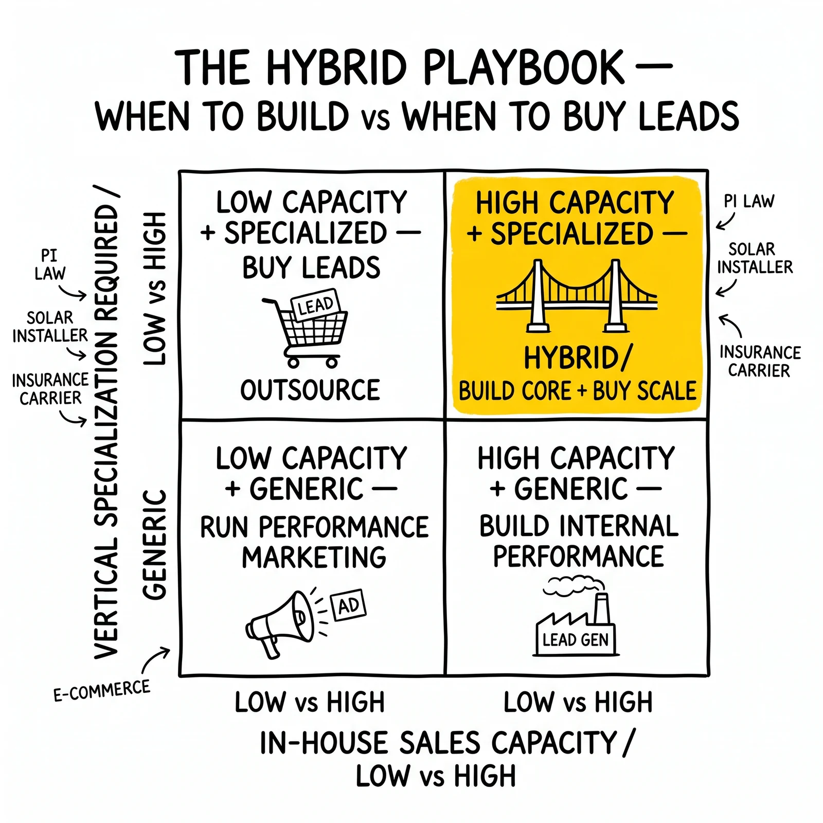 Two-by-two acquisition strategy matrix: in-house capacity versus vertical specialization, with the hybrid build-and-buy quadrant highlighted as the sophisticated operator default.