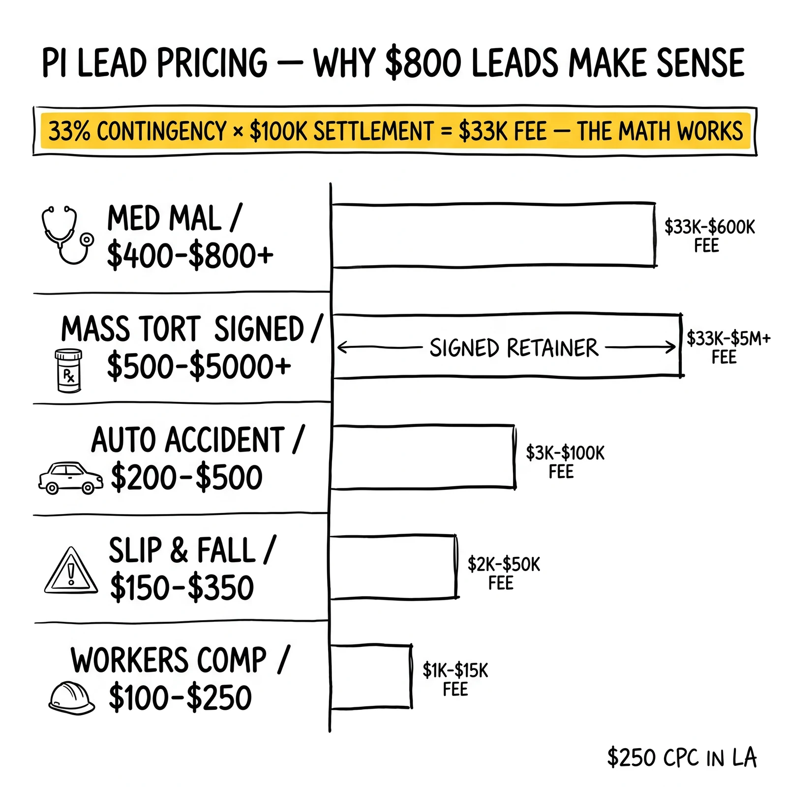 Five-row personal injury CPL matrix by case type, with the 33% contingency-fee math banner highlighted as the economic logic that justifies $400-$800 lead prices.