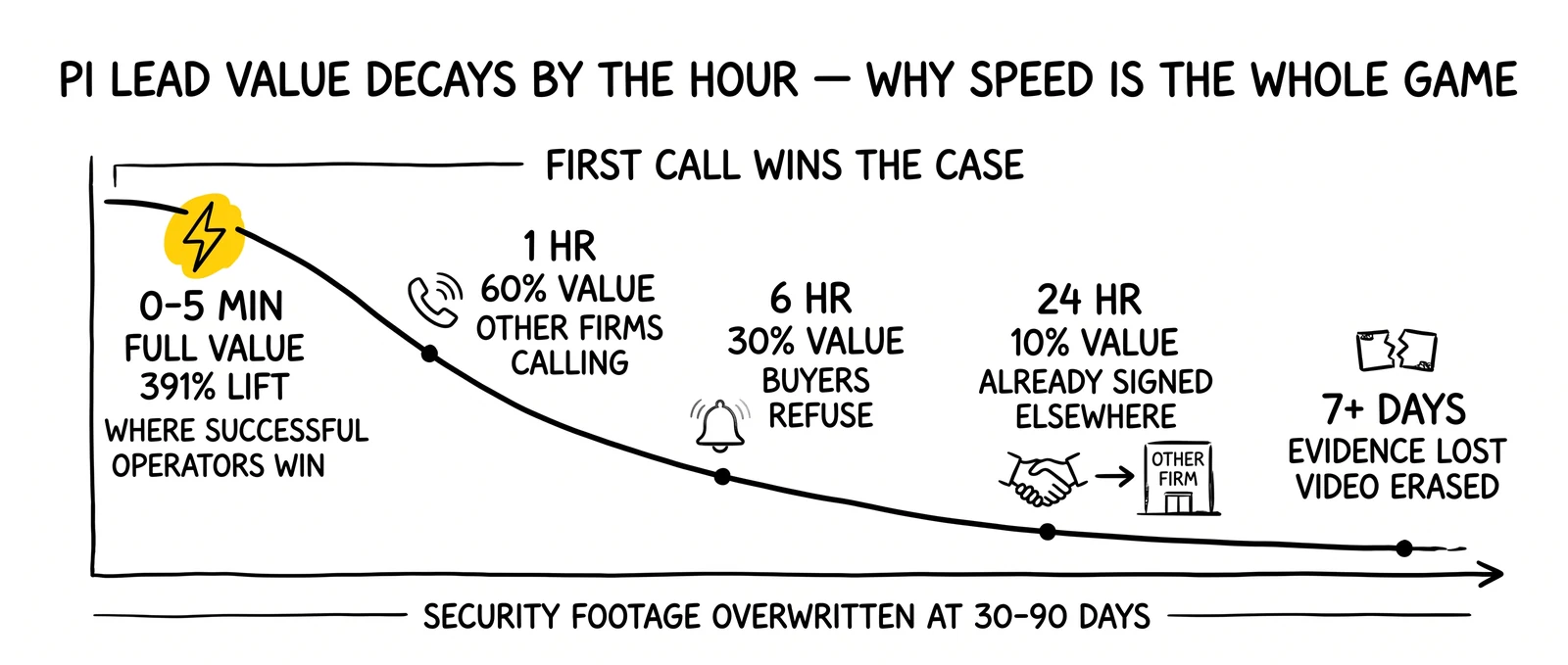 PI lead value decay curve from 0-5 minutes to 7+ days, with the 0-5 minute full-value window highlighted as the speed-to-contact zone that defines profitable PI operations.