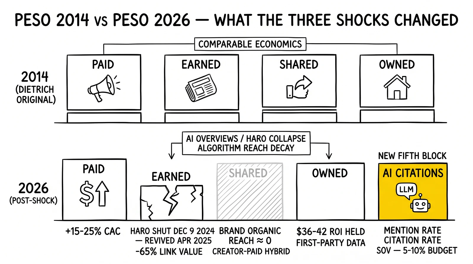 Before/after comparison: 2014 four equal PESO blocks vs 2026 five unequal blocks with paid inflated, earned cracked, shared faded, owned steady, AI Citations new.