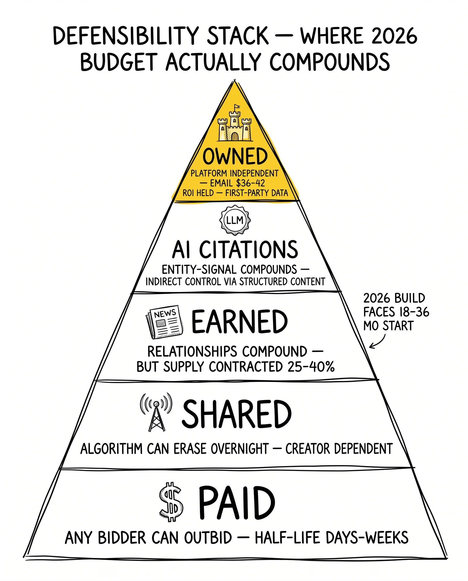 Five-tier defensibility pyramid: paid base through owned apex with AI citations one tier below. Owned tier highlighted as the most platform-independent compounder.