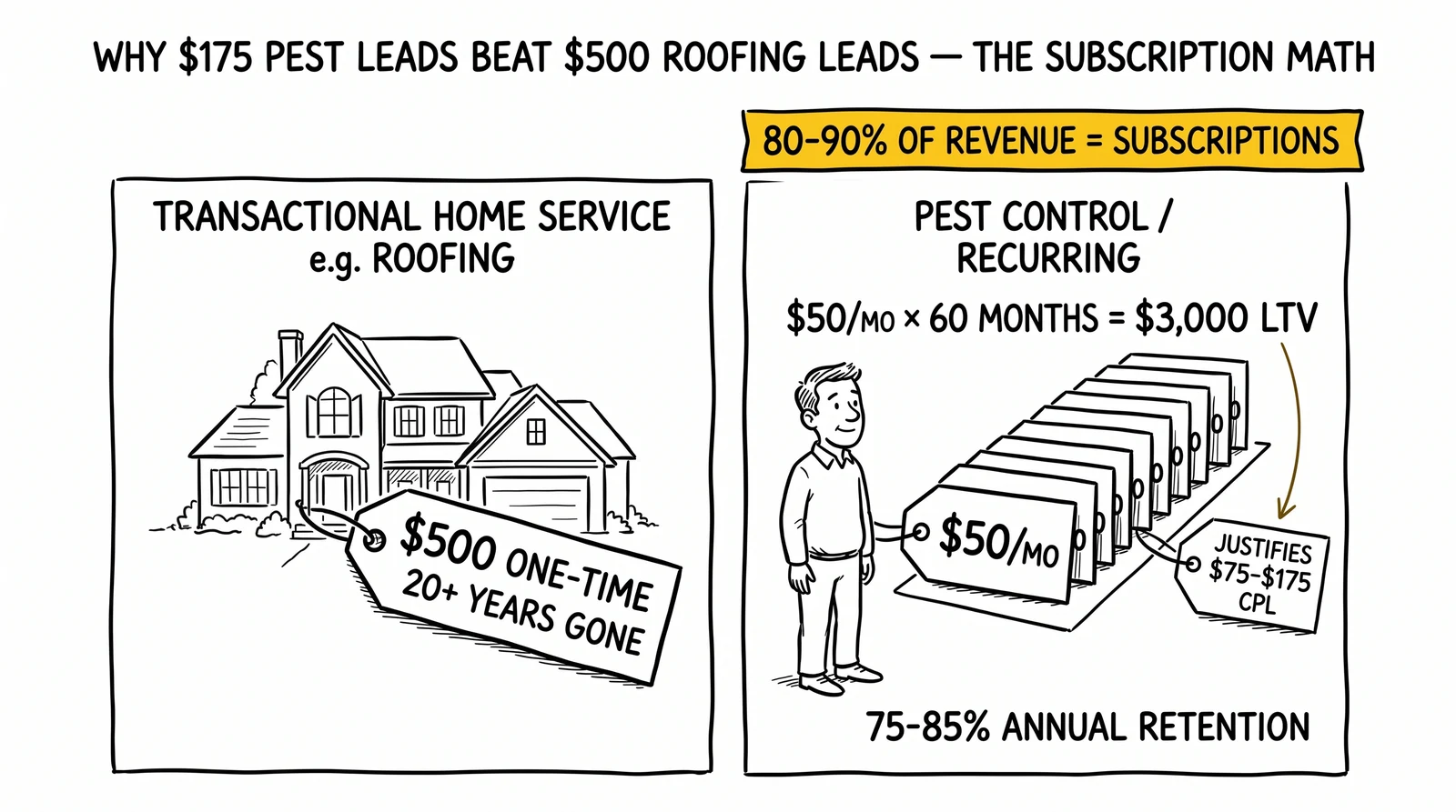 Side-by-side comparison of one-time home services revenue versus pest control's stacked monthly subscriptions, with the 80-90% subscription share highlighted as the structural insight.