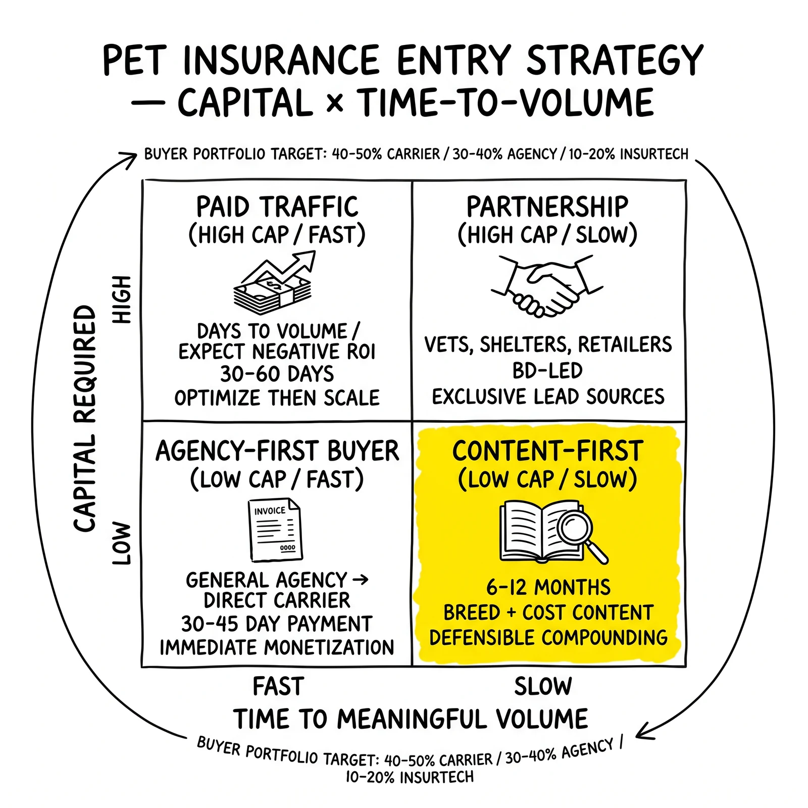 Pet insurance entry strategy matrix across capital required versus time to volume: paid traffic, partnership, agency-first, content-first. Content-first quadrant highlighted.