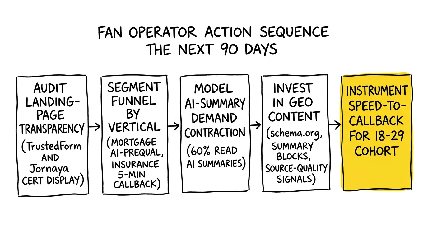 Five-step Q3 operator action sequence: transparency audit, vertical segmentation, AI-summary modeling, GEO investment, 18-29 callback speed.