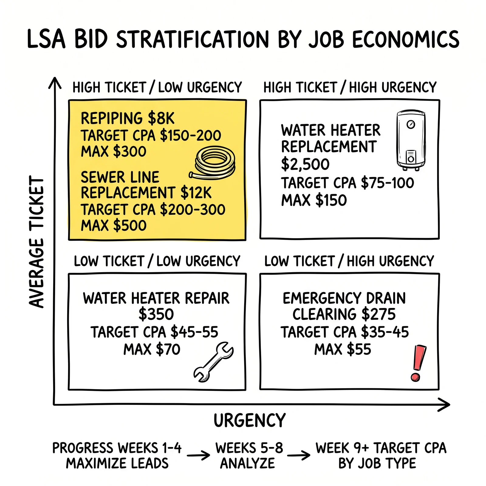 LSA bid stratification matrix by job urgency and average ticket: emergency drain, water heater repair, water heater replacement, repiping, sewer line. High-ticket low-urgency quadrant highlighted.