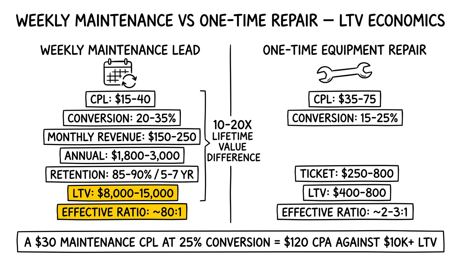Two-panel LTV comparison: weekly maintenance lead $8-15K LTV at 80:1 vs one-time repair $400-800 LTV at 2-3:1. Maintenance LTV stat highlighted.