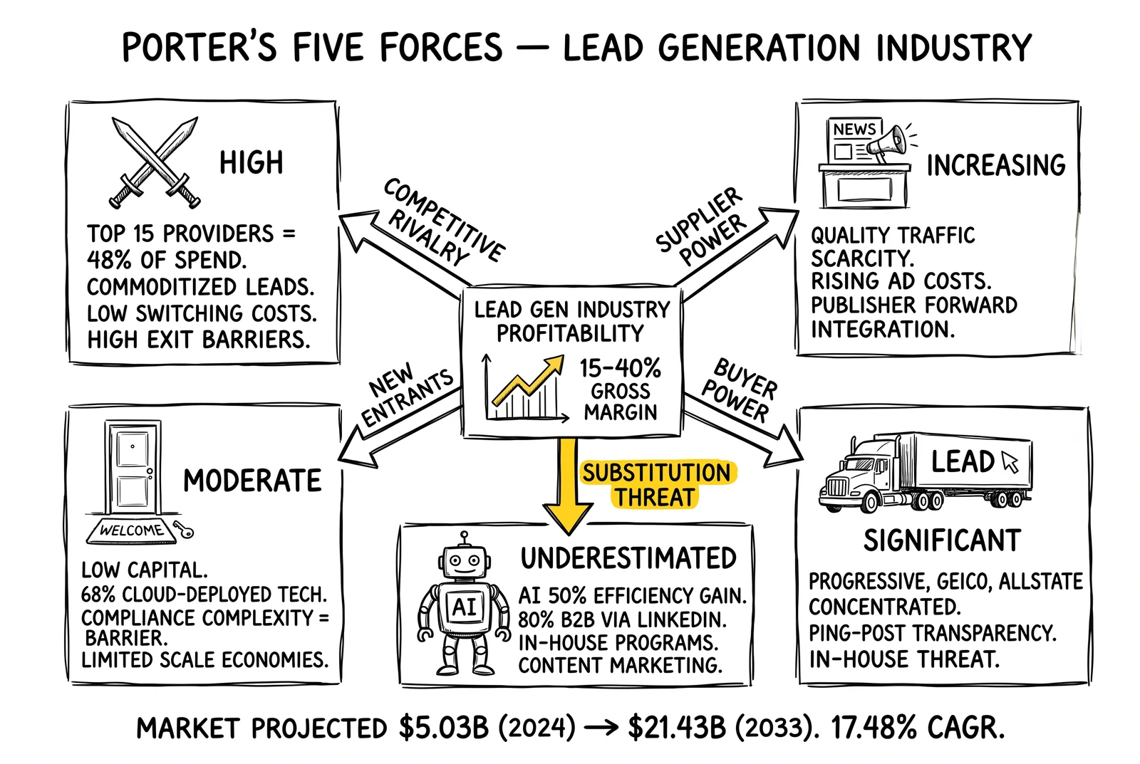 Hub-and-spoke diagram of Porter's five forces shaping lead gen profitability with named intensity ratings. Substitution threat from AI flagged as the most underestimated force.