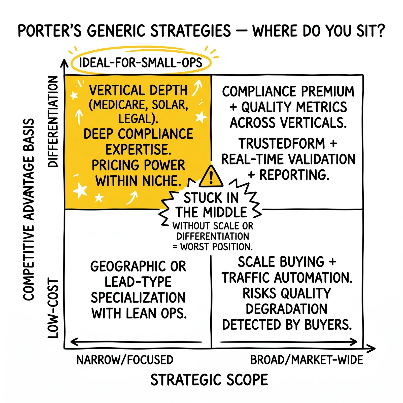 Two-by-two matrix mapping Porter's generic strategies for lead gen. Focus differentiation quadrant flagged as the most viable path for sub-scale operators.