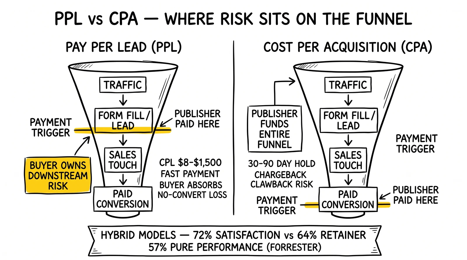 Two-panel funnel showing PPL payment trigger at lead delivery versus CPA payment trigger at paid conversion. PPL trigger line and buyer-owns-risk label highlighted.