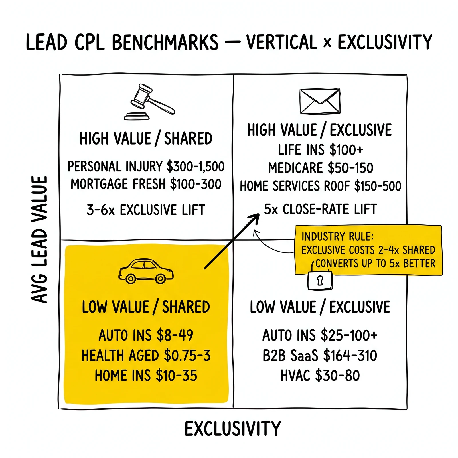 Two-by-two CPL benchmark matrix across lead value and exclusivity: insurance, mortgage, legal, home services, B2B SaaS. Shared/low-value quadrant and the 2-4x/5x multiplier annotation highlighted.