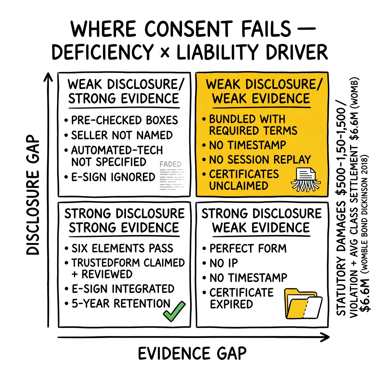 PEWC failure-mode matrix across disclosure gap and evidence gap dimensions: four quadrants with weak-weak quadrant highlighted as the compounding failure mode.