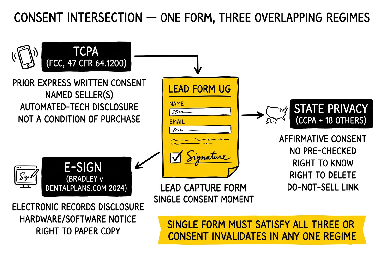 Consent intersection hub-and-spoke: single lead form connects TCPA, state privacy, and E-SIGN regimes. The form hub and three-regime-satisfaction banner highlighted.