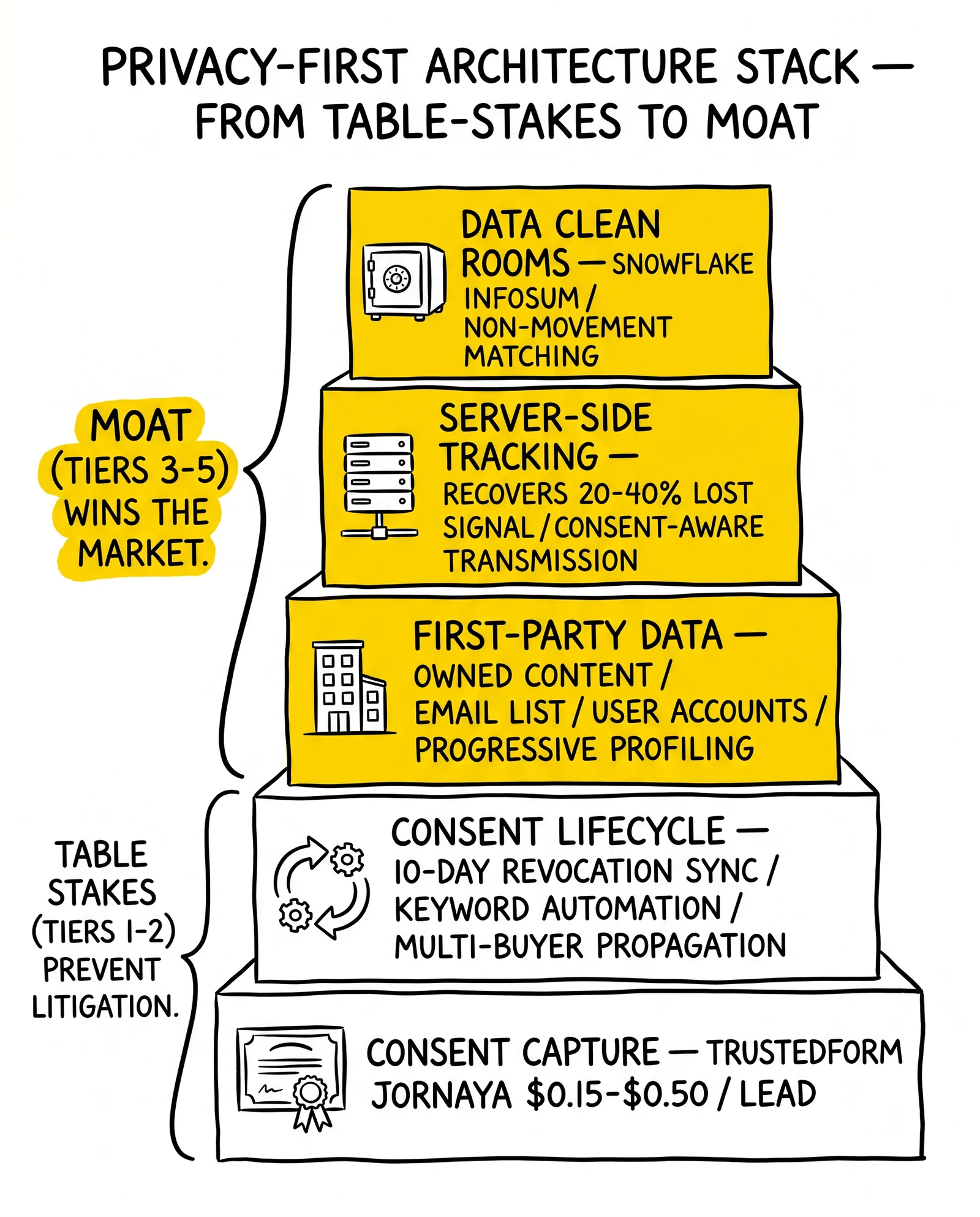 Privacy-first architecture stack across five tiers from consent capture to data clean rooms. The top three first-party, server-side, and clean-room tiers highlighted as the competitive moat.