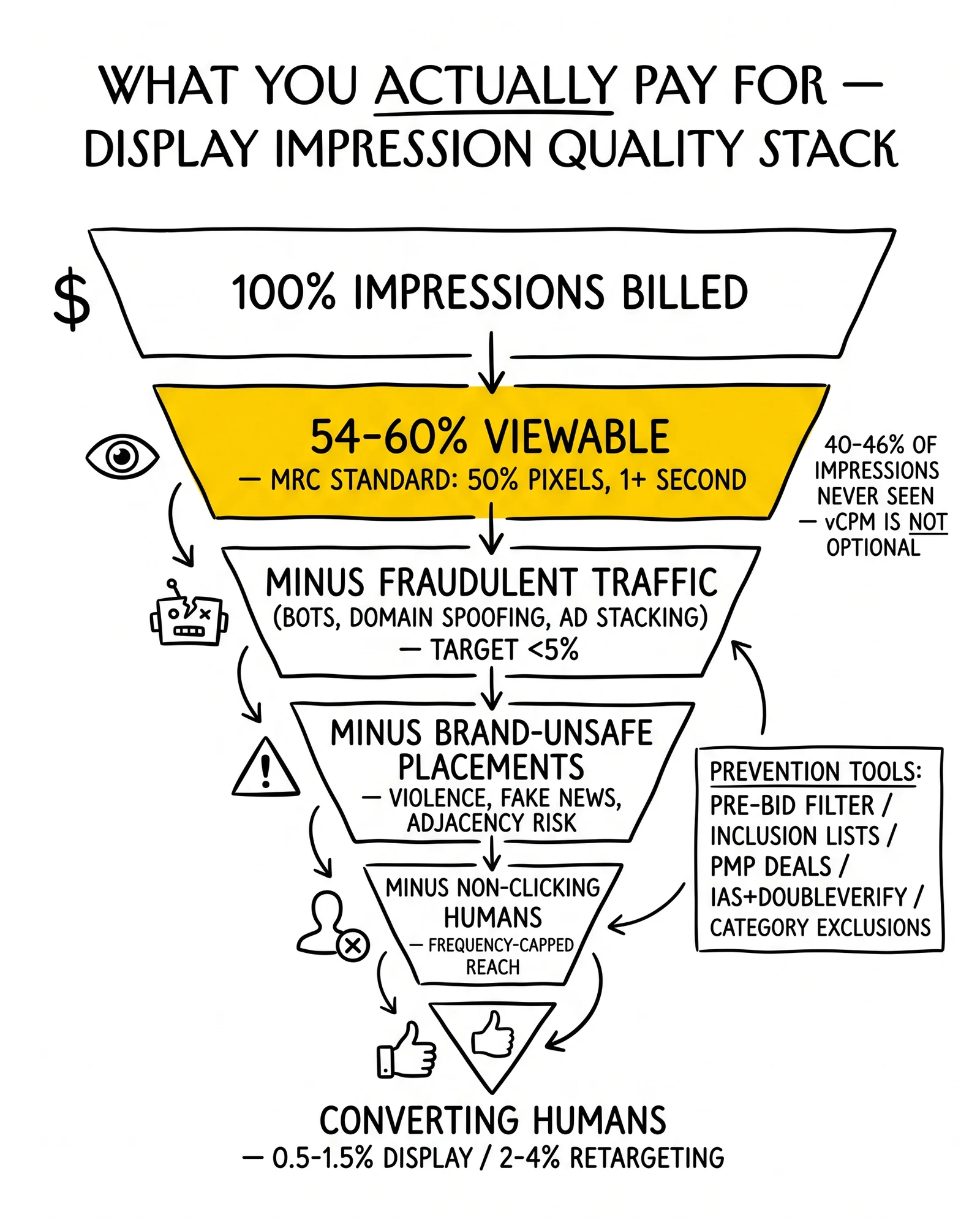 Six-tier display impression quality pyramid from 100% billed through converting humans at apex. Viewable tier highlighted as the highest-leverage quality filter.