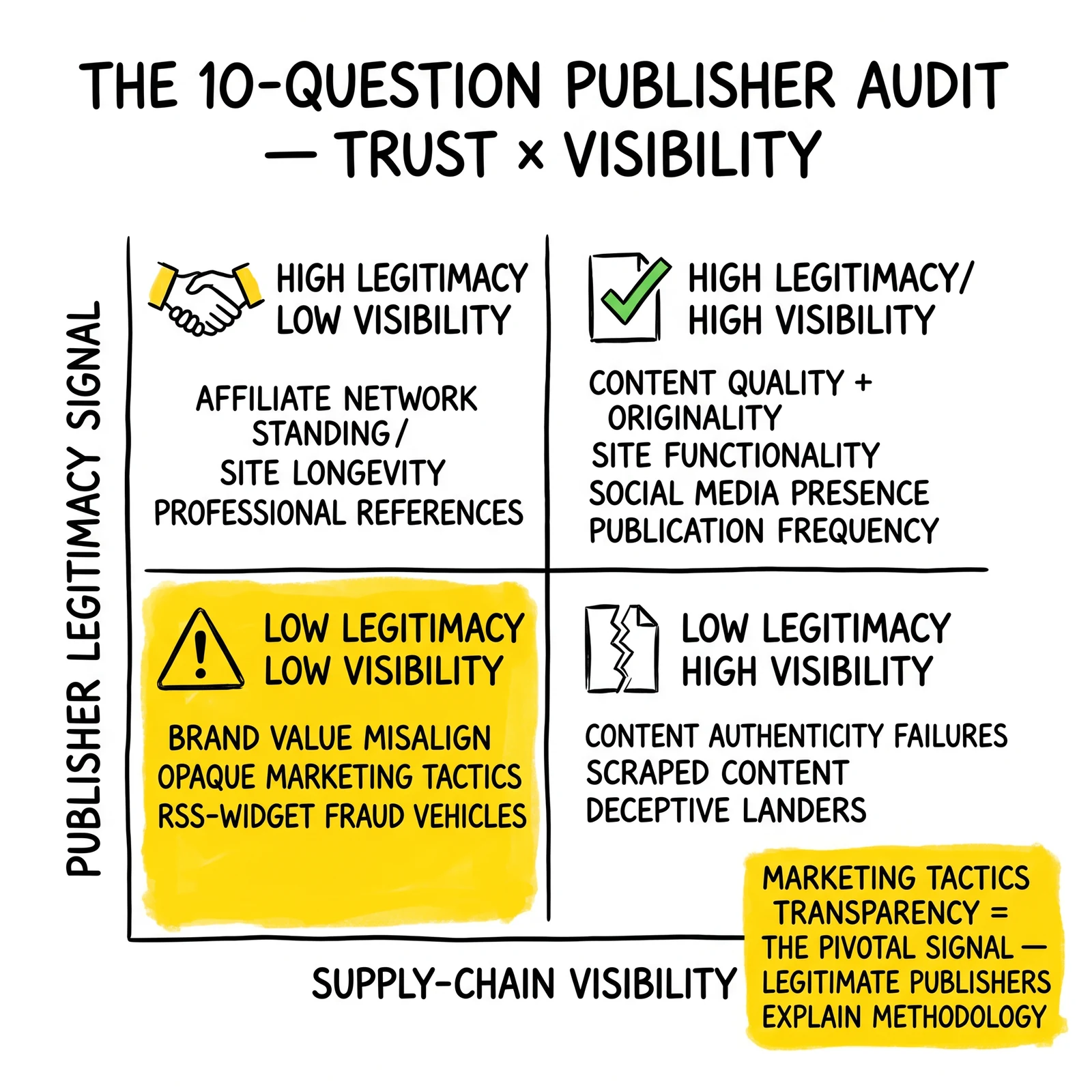Publisher vetting matrix across legitimacy and visibility dimensions: ten audit dimensions arranged in four quadrants. Low-legitimacy/low-visibility quadrant and marketing-tactics-transparency annotation highlighted.