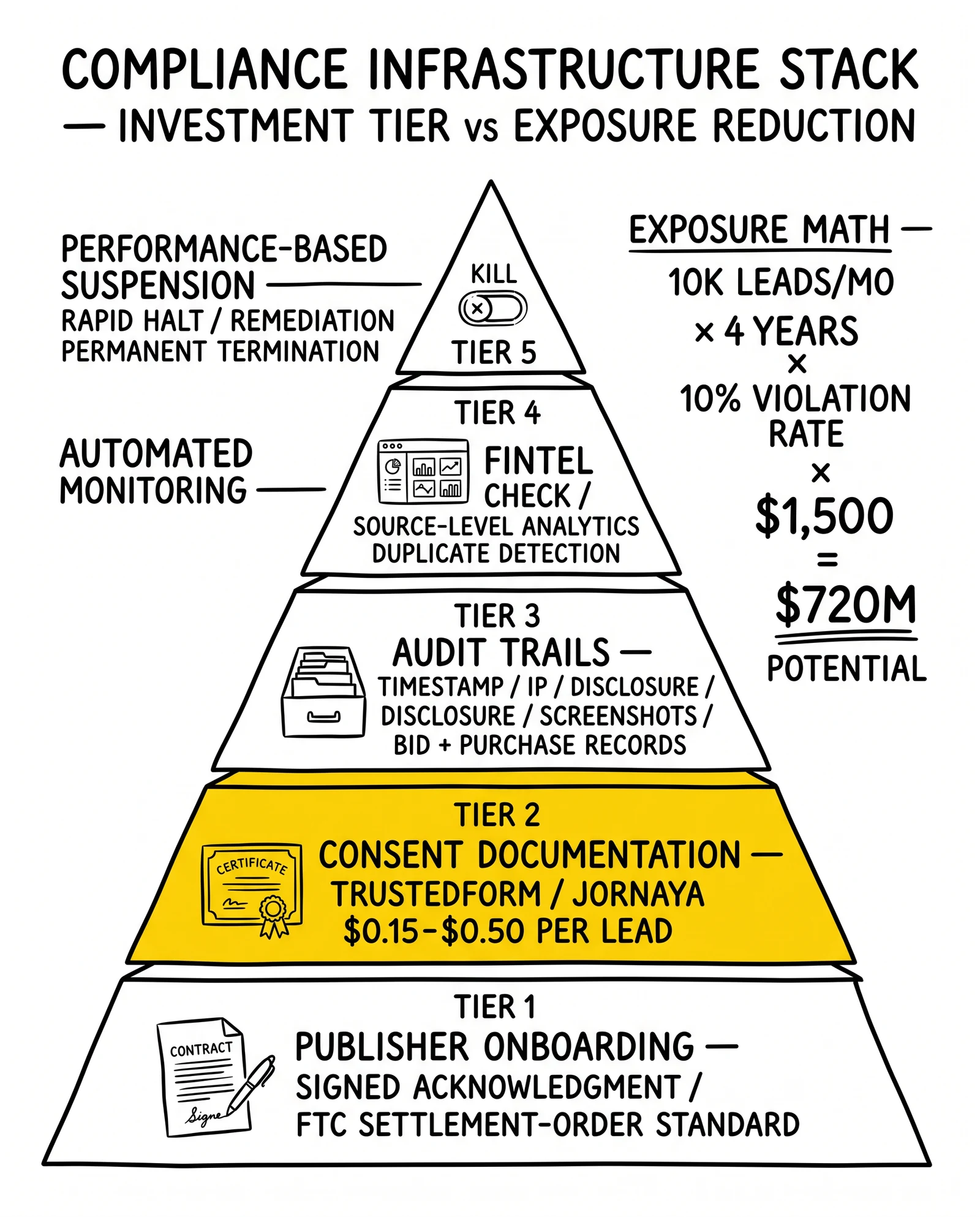 Compliance infrastructure stack across five tiers from publisher onboarding to performance-based suspension. Consent documentation tier highlighted as the highest-ROI investment.