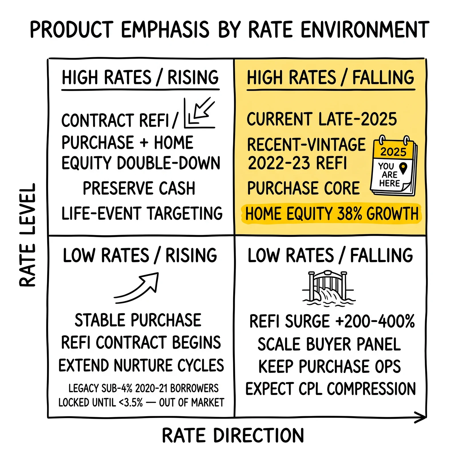 Two-by-two rate environment matrix: four quadrants by rate level and direction with playbook actions. Current late-2025 quadrant and home equity 38% growth highlighted.