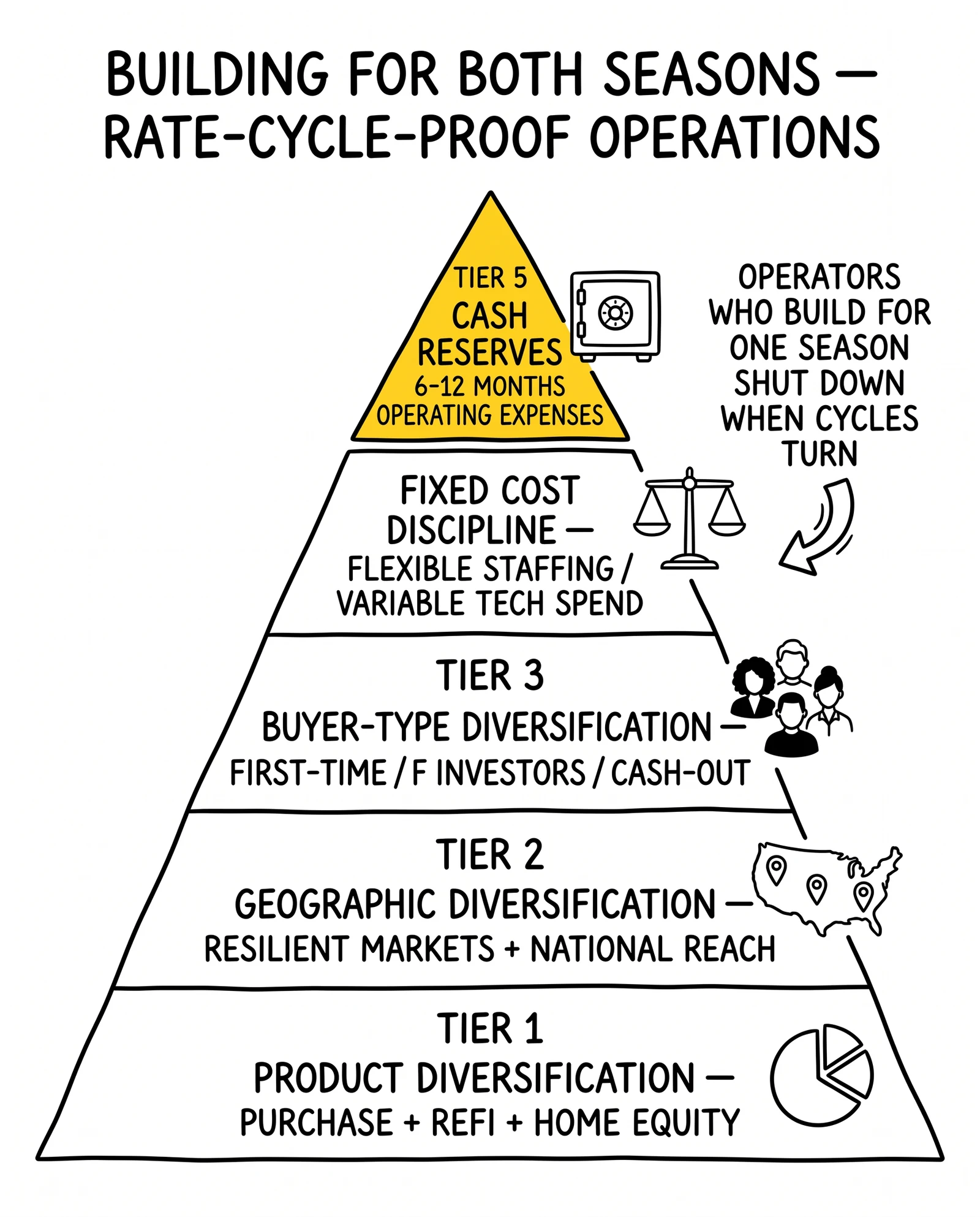 Rate-cycle-proof operations stack across five tiers from product diversification to cash reserves. Cash reserves tier highlighted as the most often skipped discipline.