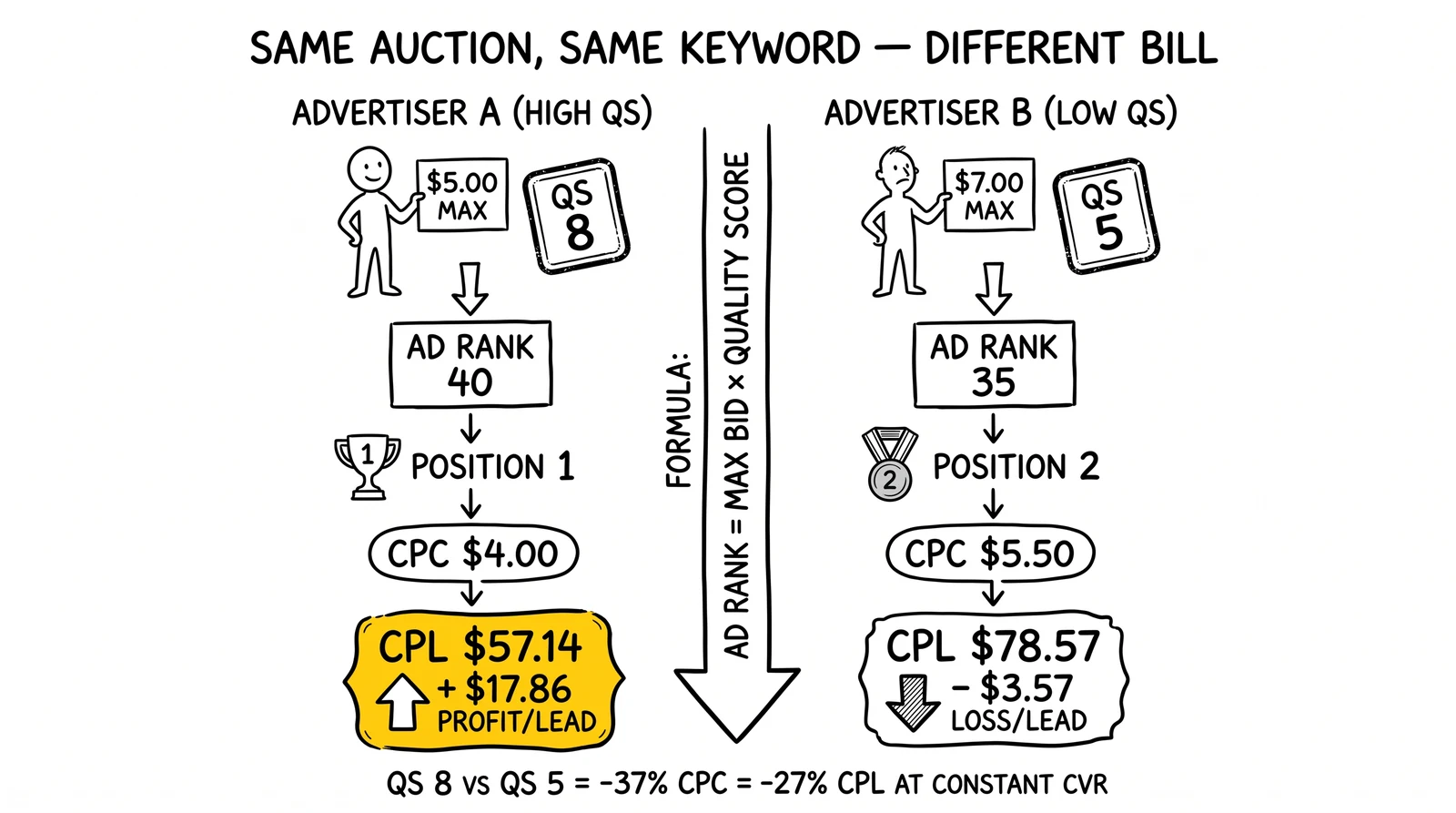 Two-column auction comparison: Advertiser A QS 8 at $5 bid wins position 1 with $57.14 CPL and profit; Advertiser B QS 5 at $7 bid lands position 2 with $78.57 CPL and loss.