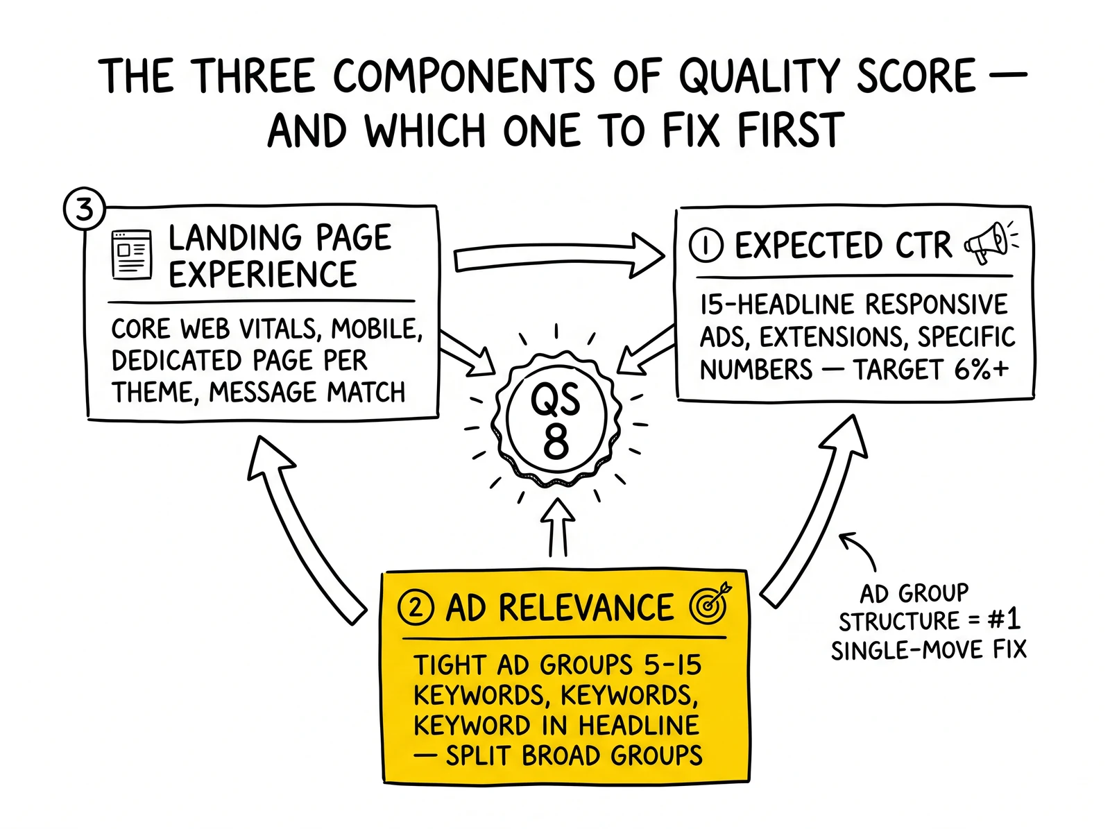 Three-component anatomy: Expected CTR, Ad Relevance, Landing Page Experience around a QS 8 badge. Ad Relevance highlighted as the highest-leverage fix.