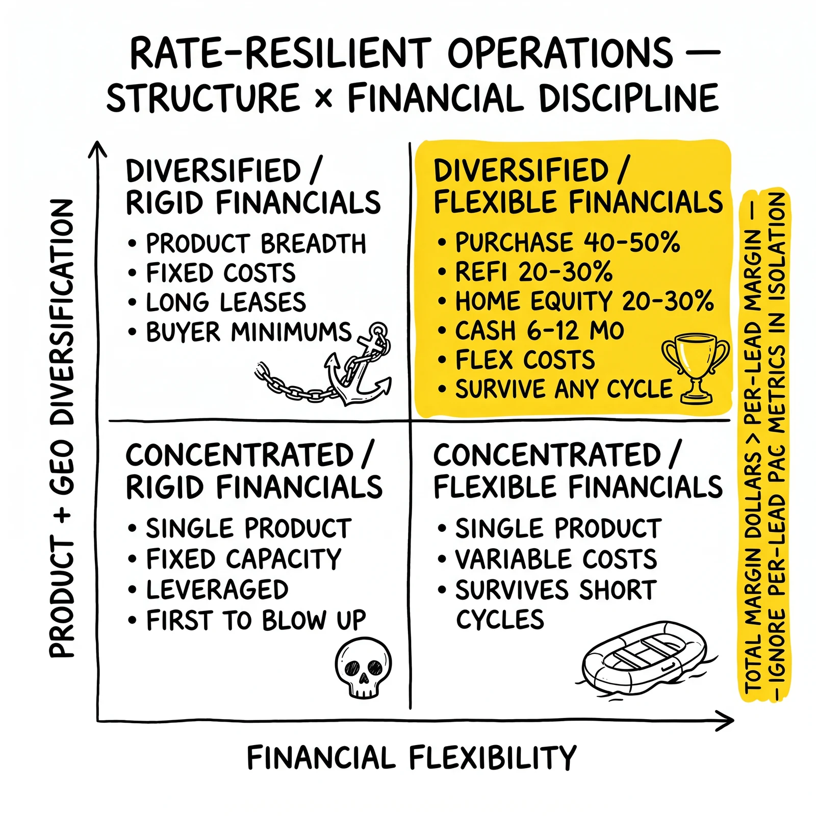Two-by-two rate-resilient operations matrix across diversification and financial flexibility. Diversified/flexible quadrant and total-margin-dollars annotation highlighted.