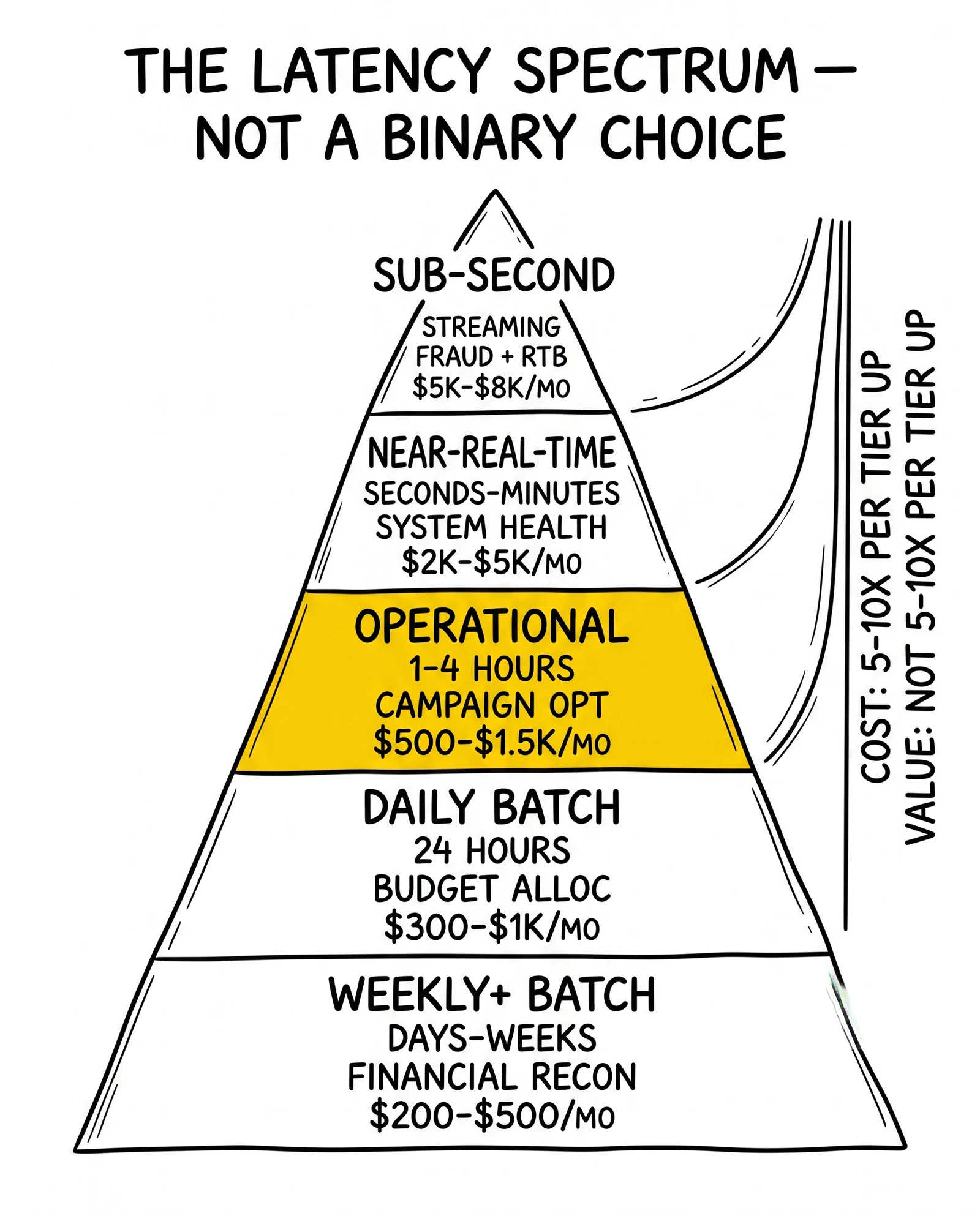 Five-tier latency spectrum pyramid from sub-second streaming to weekly batch with cost ranges. Operational hourly tier highlighted as the lead-gen sweet spot.