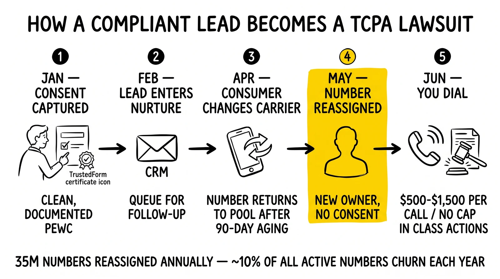 Five-stage timeline showing how a compliant lead becomes a TCPA lawsuit through silent phone-number reassignment, with the reassignment moment highlighted.