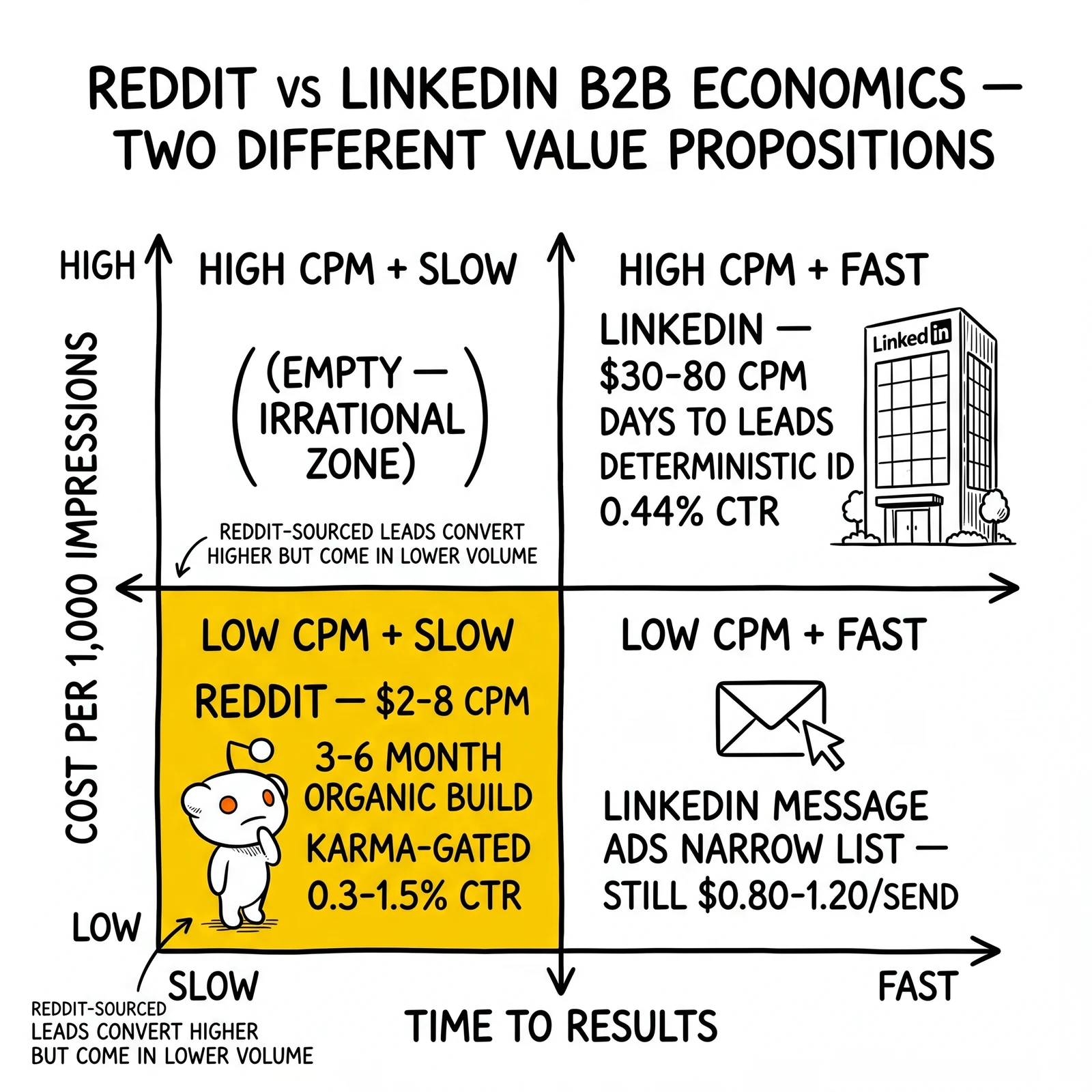 Two-by-two matrix of CPM versus time-to-results comparing Reddit and LinkedIn. Reddit's low-CPM/slow-build quadrant highlighted as the unique trade-off.
