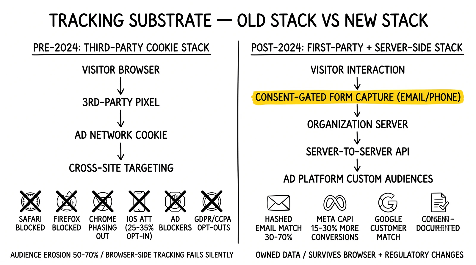 Side-by-side comparison of the deprecated third-party cookie remarketing stack versus the first-party + server-side stack, with the consent-gated form-capture step highlighted.