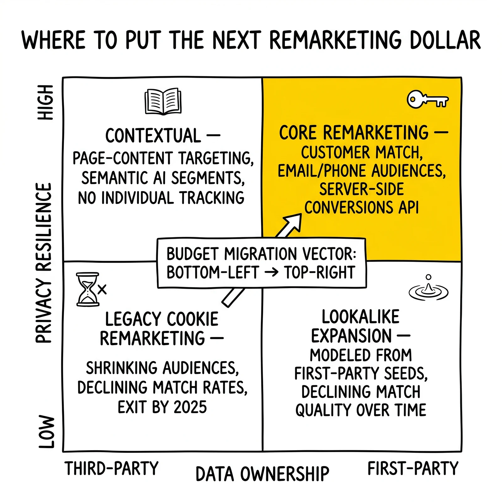 Two-by-two remarketing investment matrix crossing data ownership with privacy resilience, with the first-party + high-resilience quadrant highlighted as the durable budget destination.