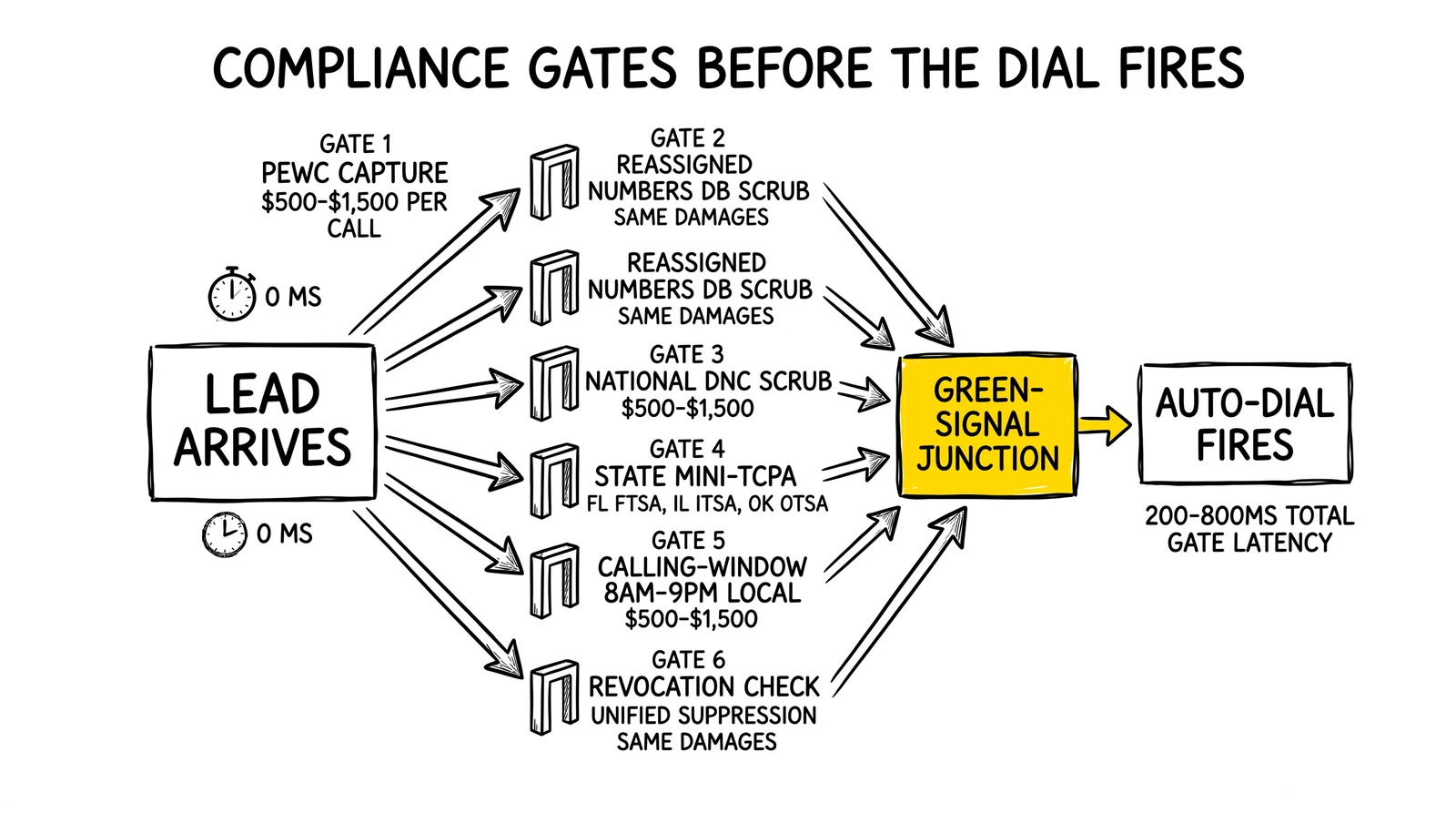 Six parallel TCPA compliance gates converging on a green-signal junction before auto-dial fires. Unified junction highlighted as the non-negotiable architectural pattern.