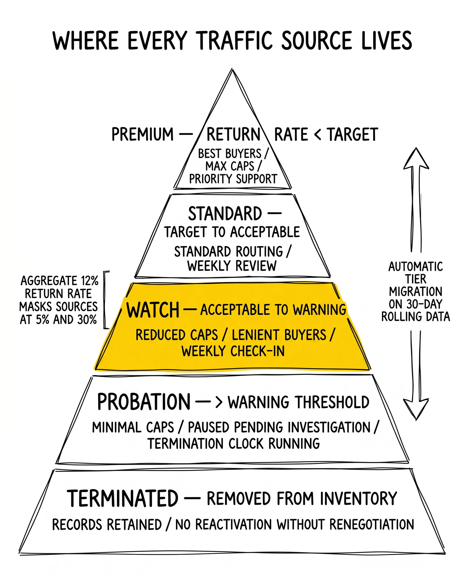 Five-tier source quality pyramid stratifying traffic sources from premium to terminated, with the watch tier highlighted as the load-bearing intervention point.