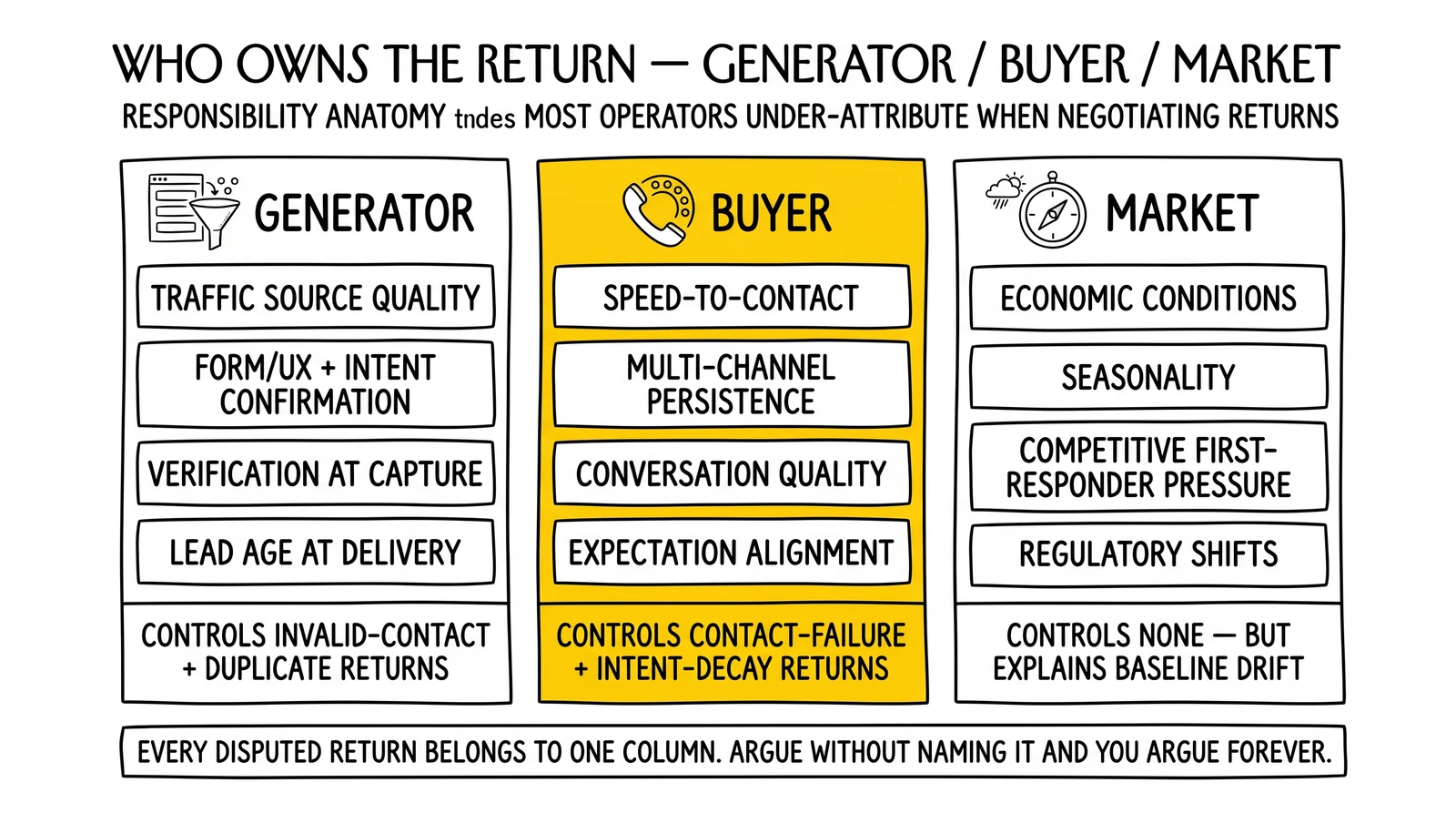 Three-column responsibility anatomy of return rate drivers split into generator, buyer, and market columns, with the buyer column highlighted as the highest-leverage lever.