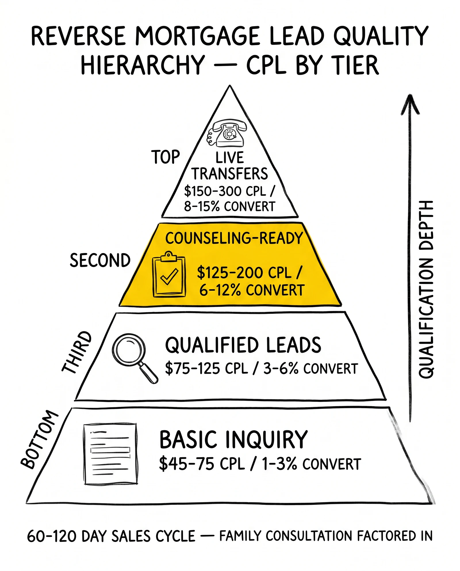 Four-tier reverse mortgage lead pyramid by CPL: basic inquiry $45-75, qualified $75-125, counseling-ready $125-200, live transfers $150-300. Counseling-ready tier highlighted as the sweet spot.