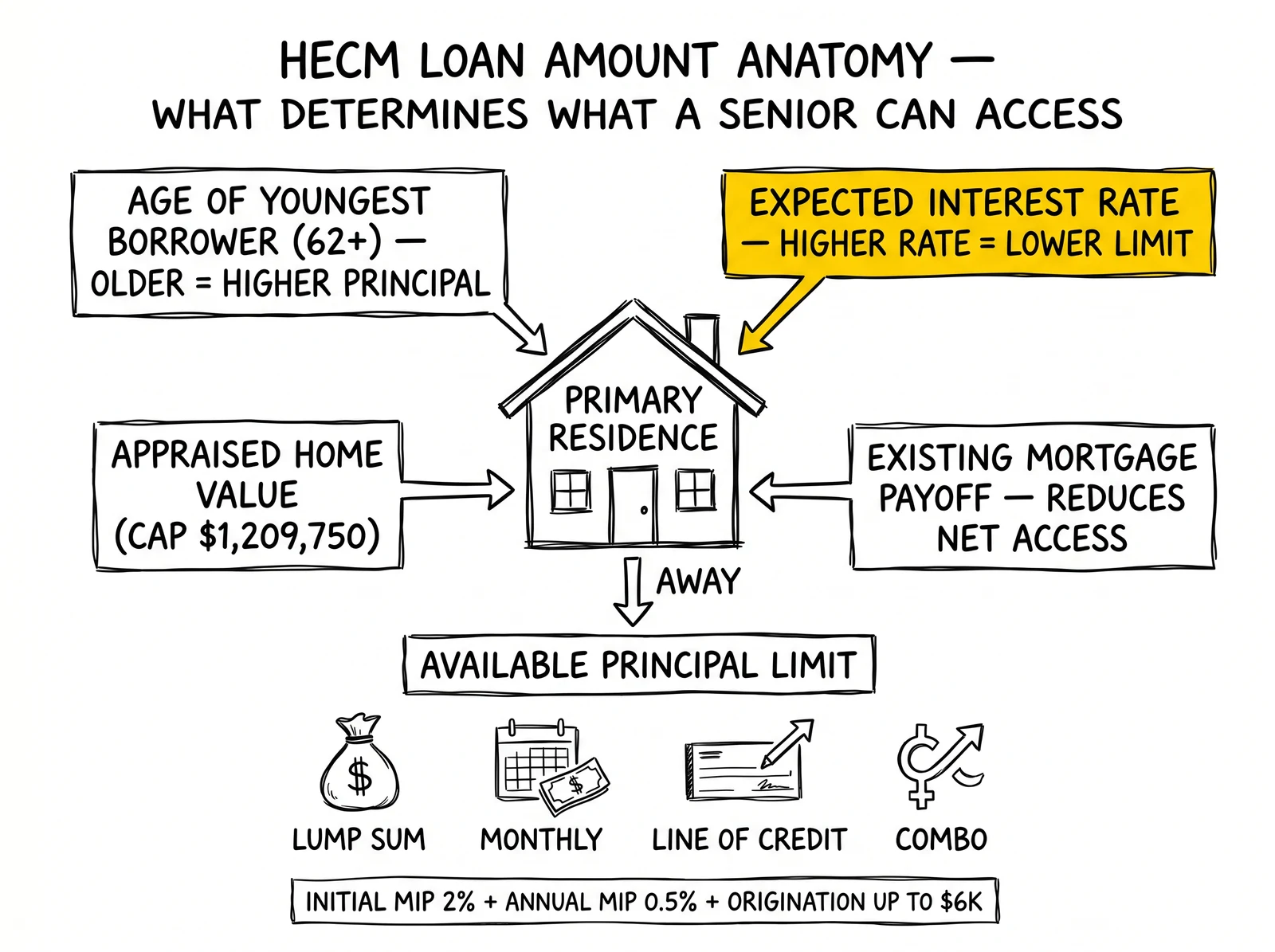 HECM loan amount anatomy with four inputs feeding a primary residence: borrower age, expected interest rate, appraised value, existing mortgage payoff. Interest rate input highlighted as the demand-compression lever.