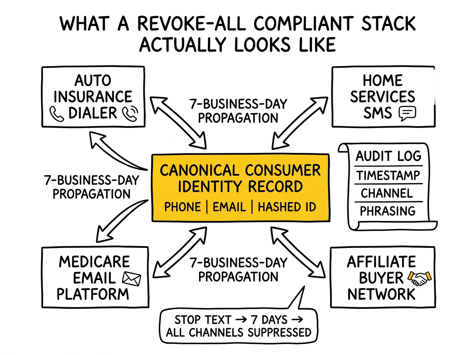 Canonical consumer identity record fanning suppression to dialer, SMS, email, and affiliate network within seven business days. Identity layer highlighted as the durable asset.