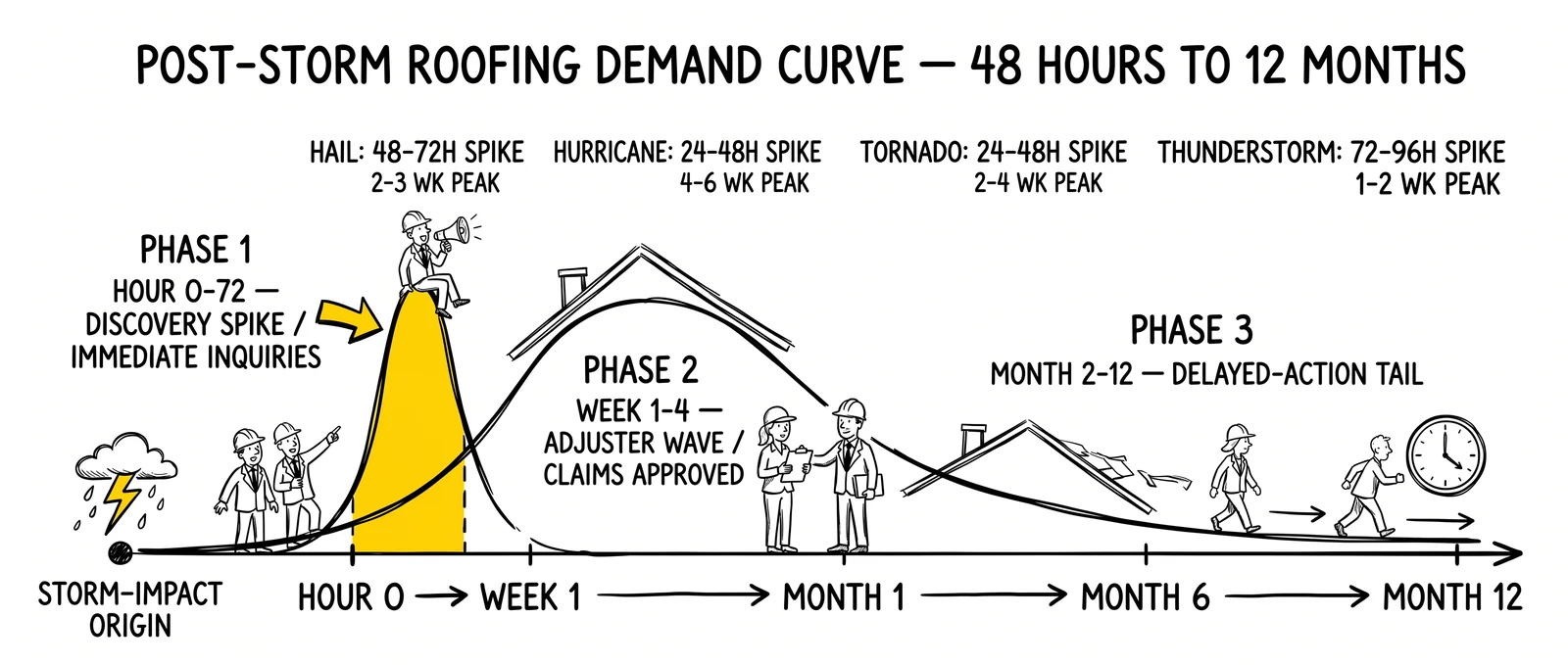Three-phase post-storm roofing demand curve: 0-72 hour discovery spike, 1-4 week adjuster wave, 2-12 month delayed-action tail. Discovery spike highlighted as the prep-rewards window.