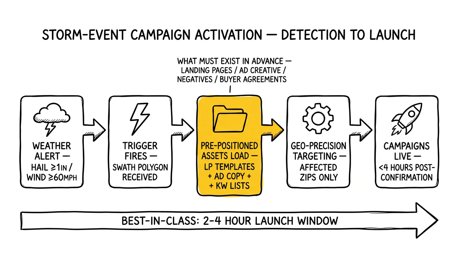Five-node storm campaign activation flow: alert, trigger, asset load, geo-targeting, launch. Pre-positioned assets load highlighted as the load-bearing prep step.
